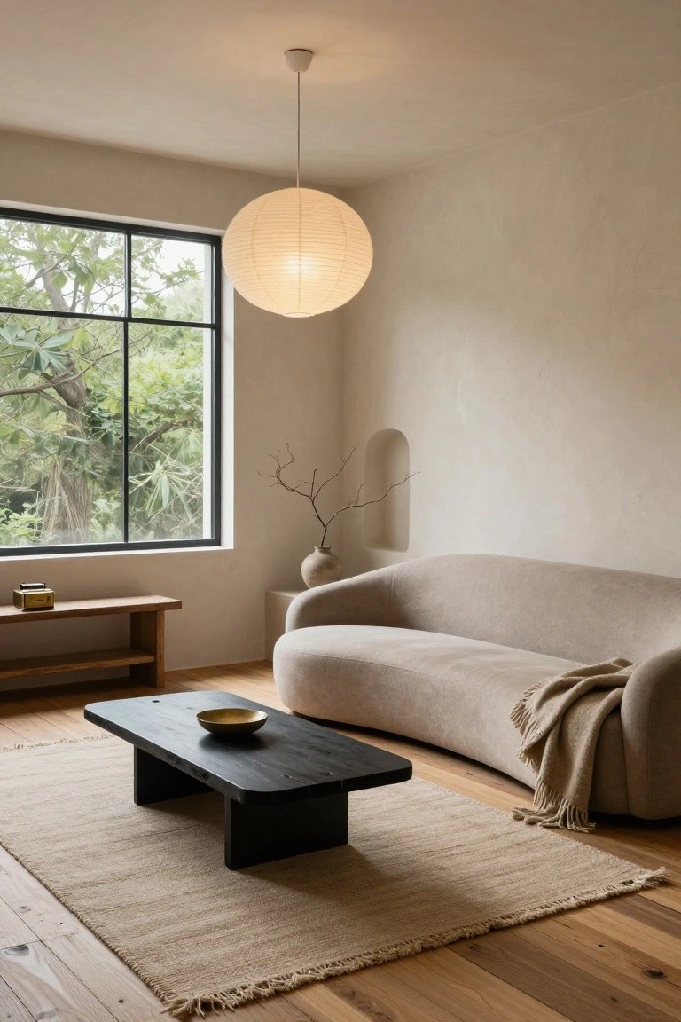 Minimalist living room with a curved light beige sofa draped in a cream throw, low black coffee table holding a gold bowl, wooden bench with brass box, seagrass rug on light wood floors, hanging white paper lantern, and large black-framed window overlooking green trees and plants.