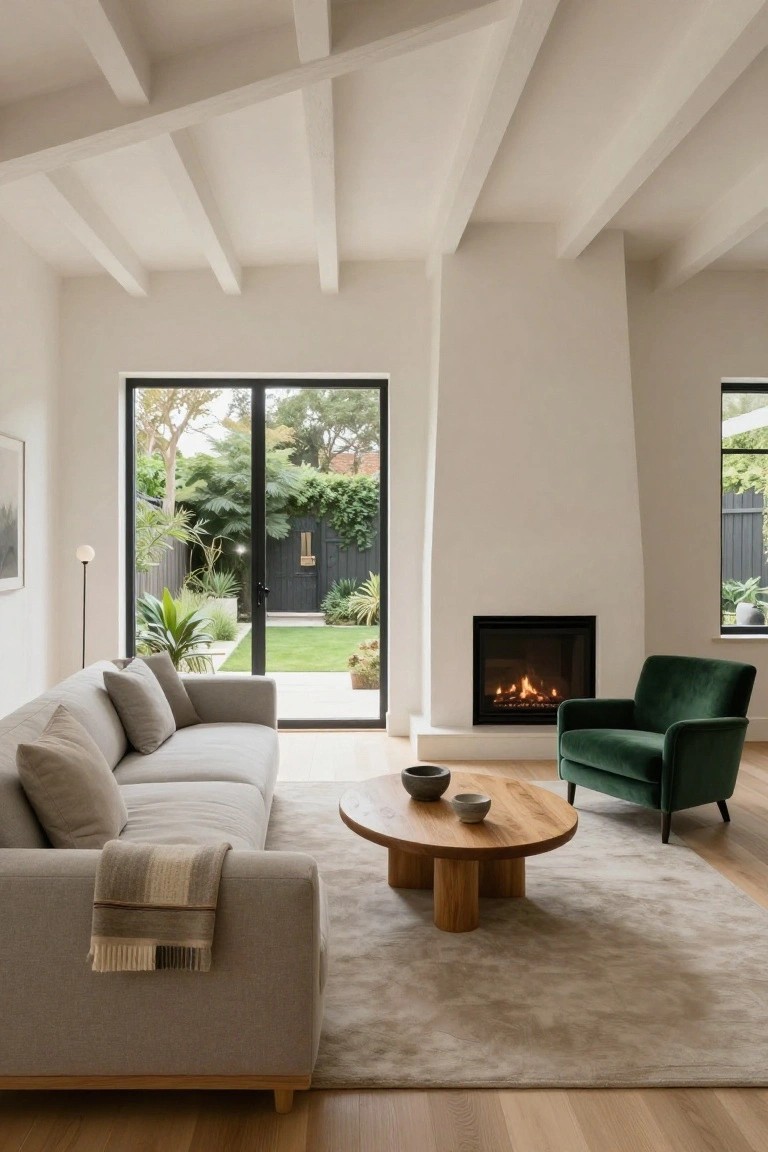 Minimalist living room with exposed wooden ceiling beams, light gray sofa draped with a throw blanket, green velvet armchair, round wooden coffee table holding ceramic bowls, white gas fireplace, floor lamp, potted plants, and large sliding glass doors to a backyard garden.