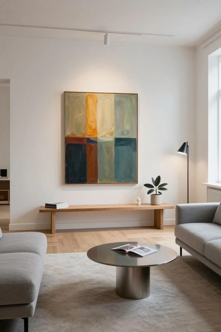 Minimalist living room with large framed abstract painting in yellow, green, red, and blue on white wall, gray sofas, wooden bench with stacked books, stainless steel coffee table, potted plant, black floor lamp, and track lighting overhead.