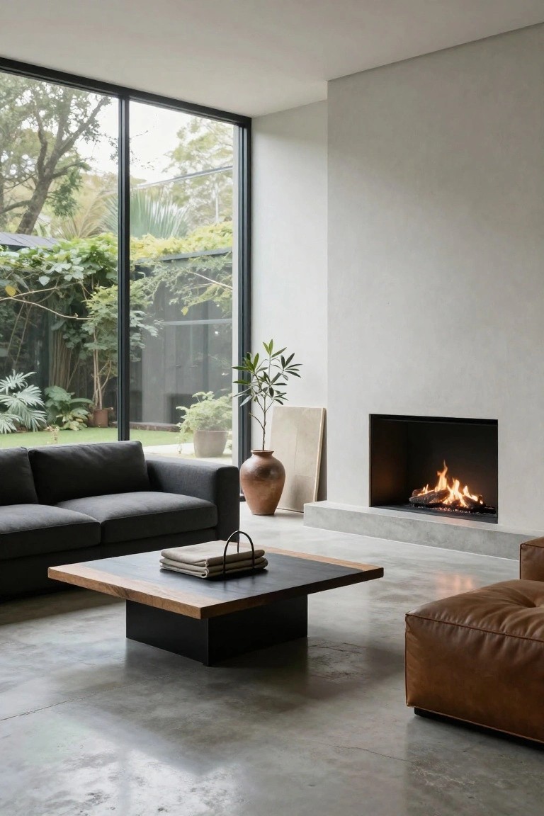 Minimalist living room with gray L-shaped sofa, low black metal coffee table topped with wood and fabric, beige cube ottoman, terracotta vase and potted olive tree, recessed gas fireplace in white wall above concrete hearth, large black-framed sliding glass doors to lush garden, polished concrete floor.