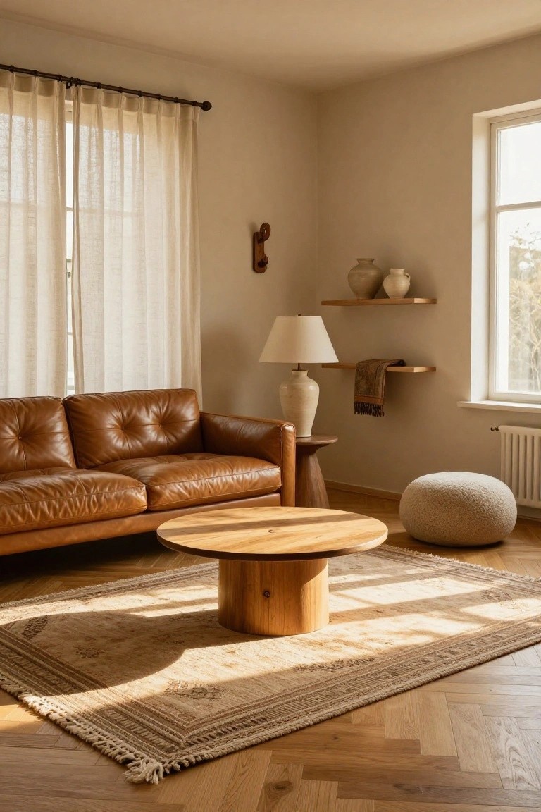 Minimalist living room with tan tufted leather sofa, round pedestal wooden coffee table, cream pouf, ceramic lamp on wood side table, floating shelves with pottery and scarf, sheer curtains on window, cream rug on herringbone wood floor, and sunlight streaming in.