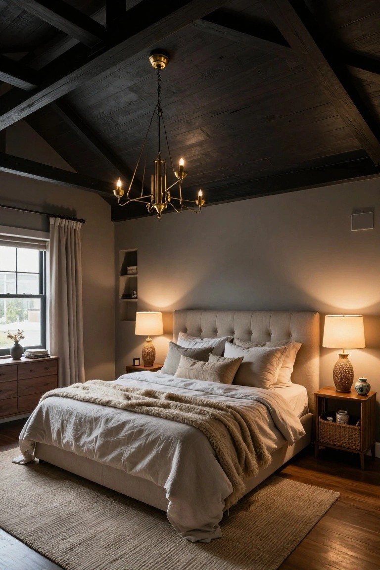 Bedroom with dark vaulted wood beam ceiling, brass five-light chandelier hanging centrally, beige upholstered king bed with white linens and throw blanket, matching nightstands with ceramic lamps, wood dresser, and window with cream curtains.