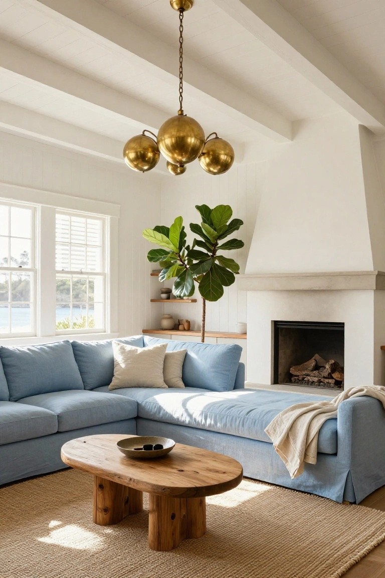 Living room featuring a blue L-shaped sofa, wooden legged coffee table with a bowl, brass multi-globe chandelier hanging from white wood-beamed ceiling, fiddle leaf fig plant beside a white fireplace, and double windows with views of water.
