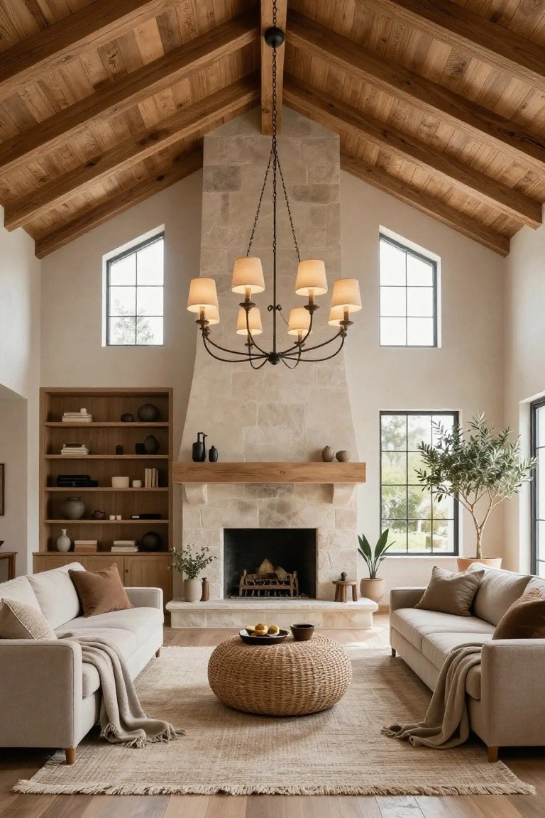 Spacious living room with vaulted wooden beam ceiling, large black metal chandelier with white fabric shades hanging above two beige sofas, woven coffee table, stone fireplace, bookshelves, plants, and large windows on wood floors.