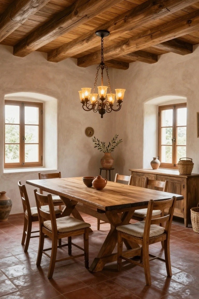 Rustic wooden dining table with chairs beneath a chandelier in a tiled room.