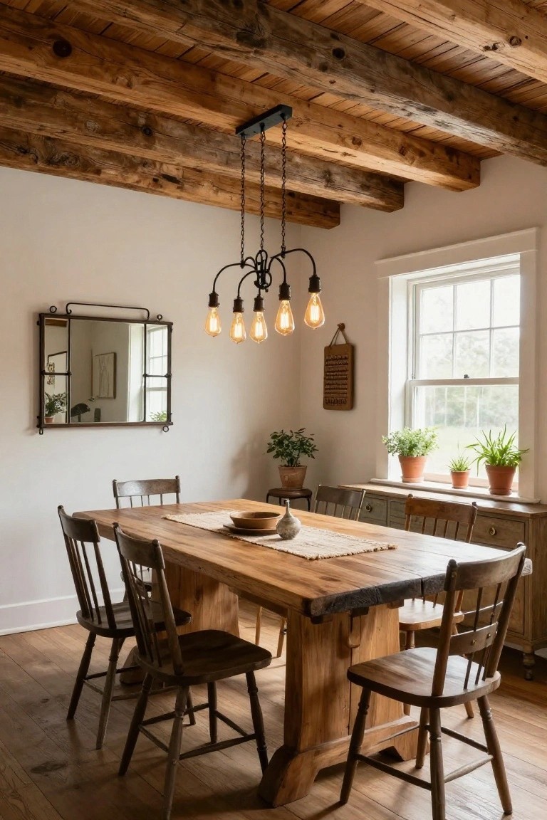 Dining room with vaulted exposed wood beam ceiling, black metal chain-hung pendant light featuring six exposed bulb sockets over a live-edge rectangular wood dining table surrounded by wooden chairs, white walls, window with potted plants, and metal-framed mirror on wall.