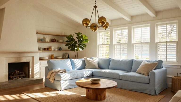 Living room featuring a blue L-shaped sofa, wooden legged coffee table with a bowl, brass multi-globe chandelier hanging from white wood-beamed ceiling, fiddle leaf fig plant beside a white fireplace, and double windows with views of water.