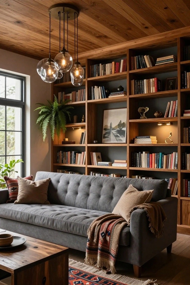 Interior room with vaulted wood ceiling, four hanging clear glass bulb pendants, dark wood built-in bookshelves filled with books, gray tufted sofa with pillows and throw blanket, wooden coffee table, plants, and large window.