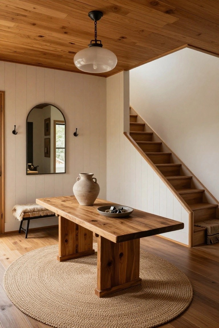 Entryway interior featuring a vaulted wood plank ceiling with a hanging white globe pendant light above a wooden console table holding a ceramic vase and bowl, arched black mirror on white paneled wall, wooden bench, and staircase.