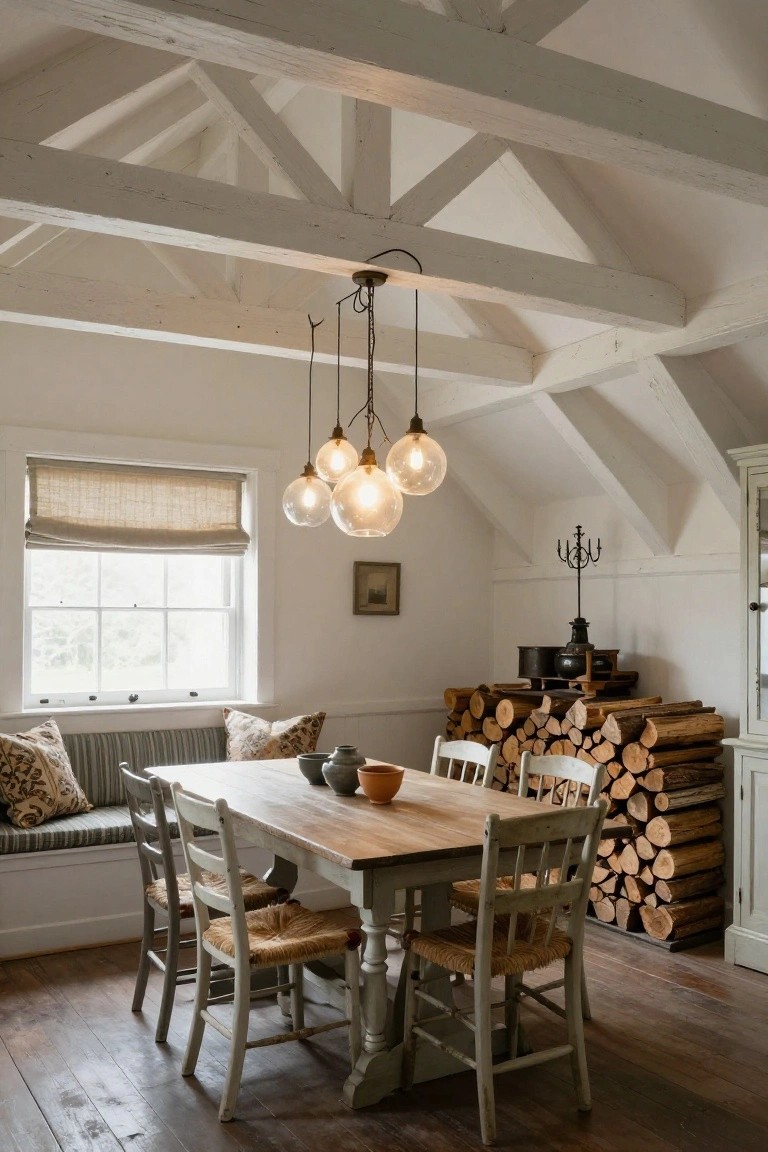 Dining area featuring vaulted whitewashed wood beam ceiling with black chain-hung pendant light of five clear glass globes, rectangular farmhouse table with rush-seat chairs, built-in banquette with pillows, window with beige roman shade, and stacked firewood beside white cabinet.