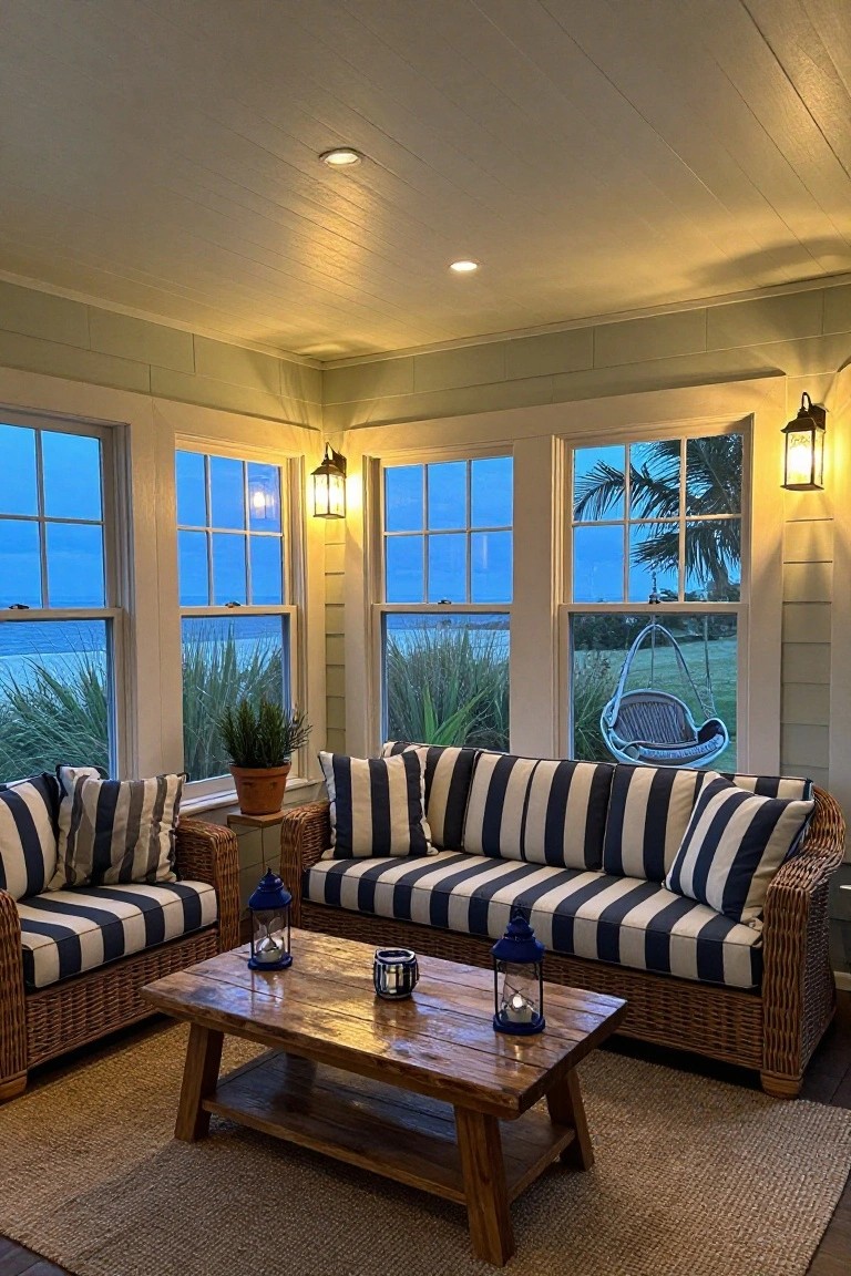 Sunroom with vaulted planked wood ceiling illuminated by recessed lights and blue glass lanterns, rattan sofa and chairs with navy white striped cushions around wood coffee table, large windows overlooking beach palms and swing at dusk.