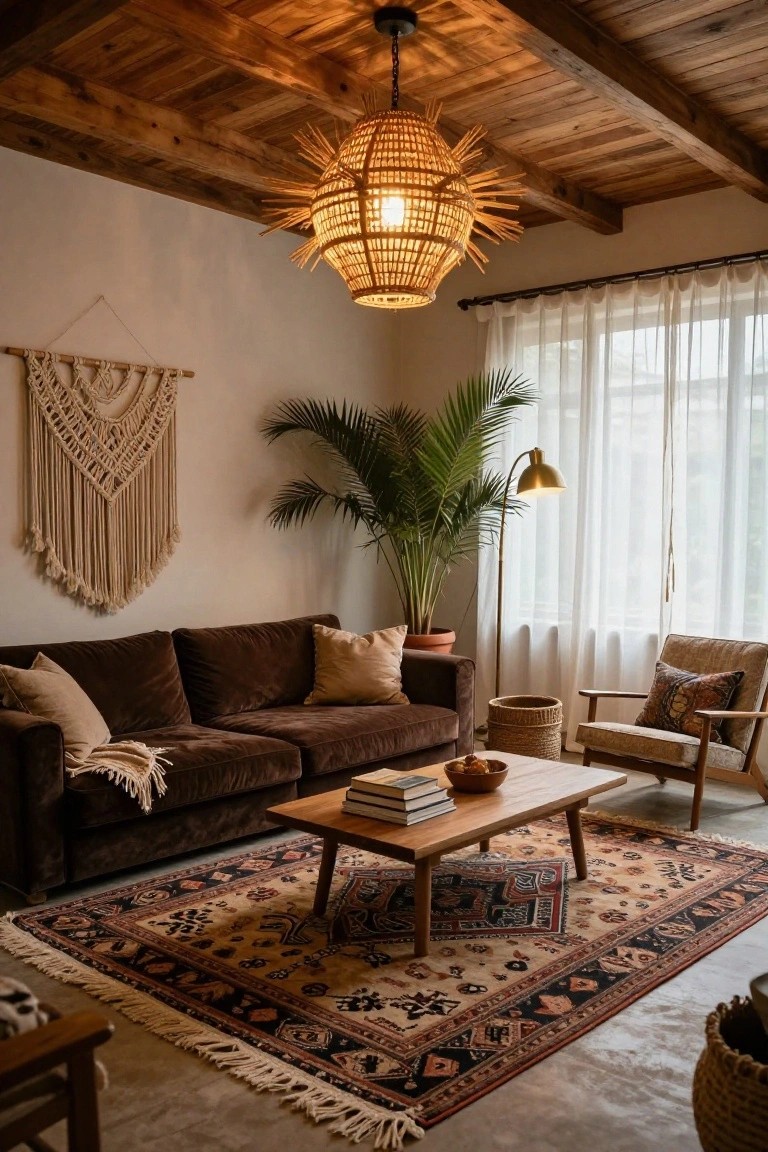 Living room featuring a vaulted wooden ceiling with a large hanging rattan pendant light, brown velvet sofa, macrame wall hanging, potted palm plant, wooden coffee table, patterned rug, and wicker baskets.