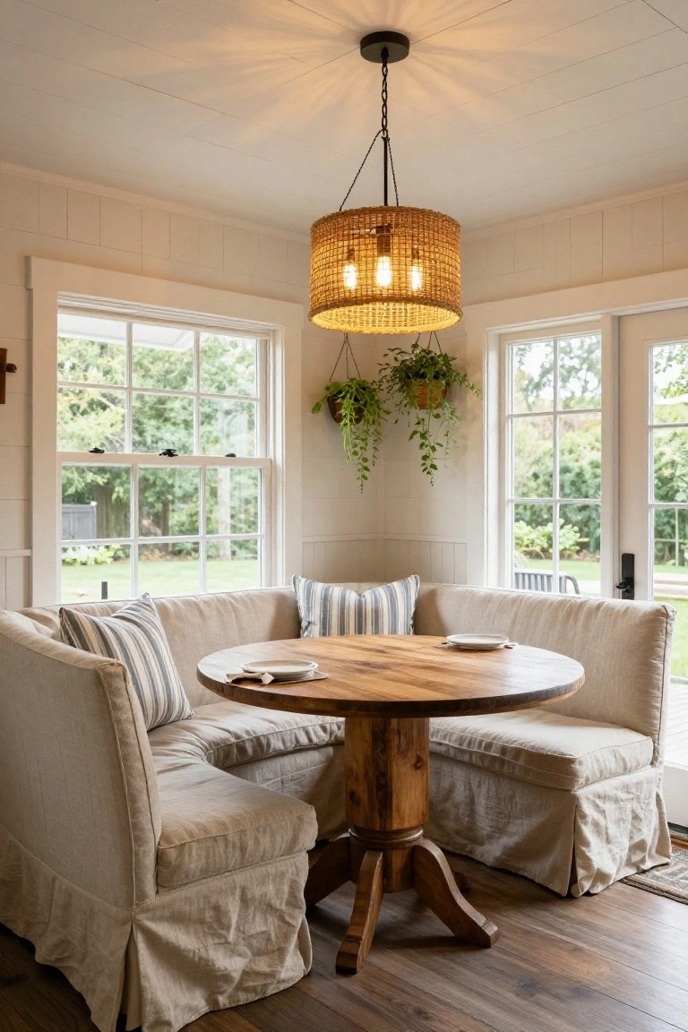 Cozy beige booth seating wraps around a round wooden pedestal table in a bright corner room with large windows, under a hanging rattan pendant light with exposed bulbs, and potted plants nearby.