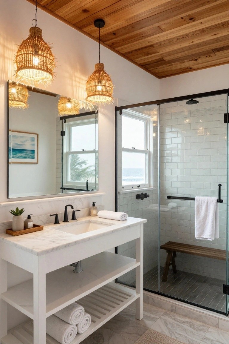 Modern coastal bathroom with white marble vanity, woven pendant lights, and glass shower.