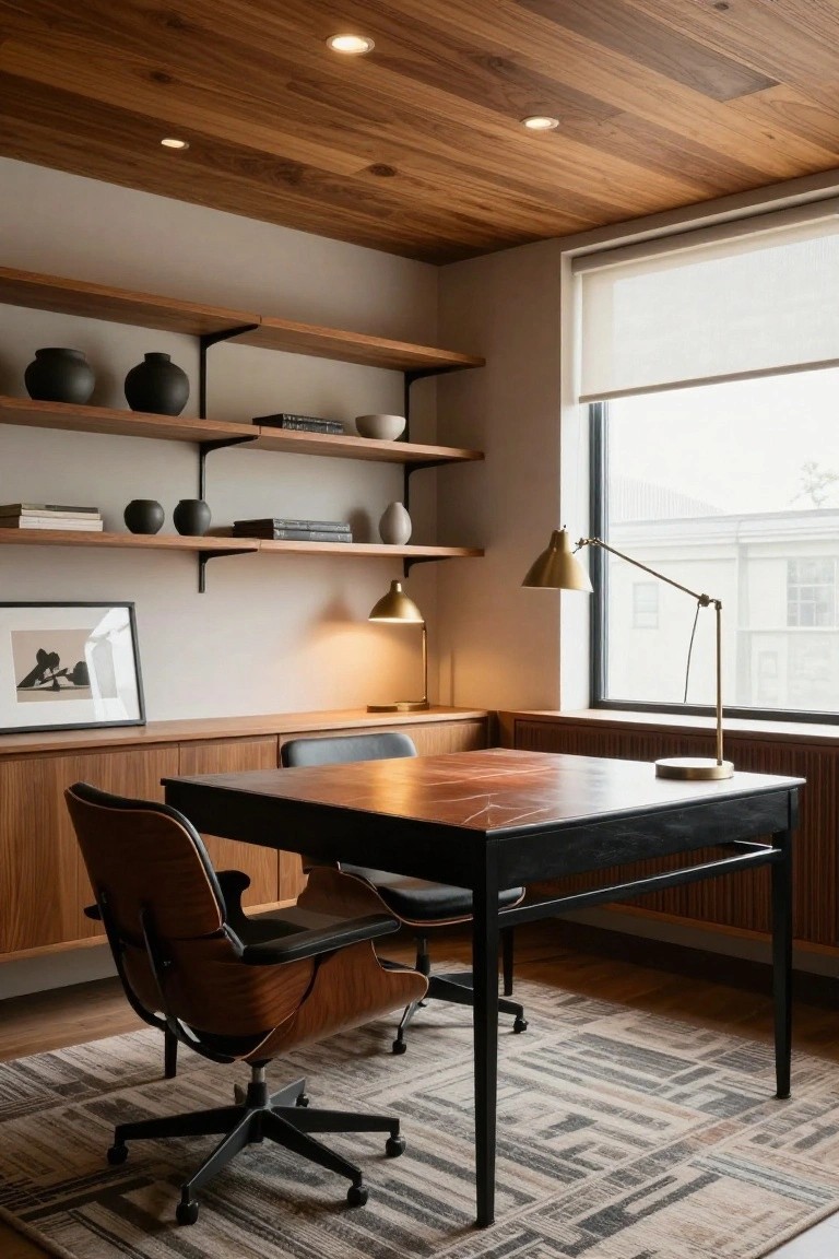 Home office with wood-paneled ceiling and recessed lights, wooden floating shelves holding black ceramics and books, Eames-style chair at a black-trimmed desk, brass desk lamps, and large window with roller shade.