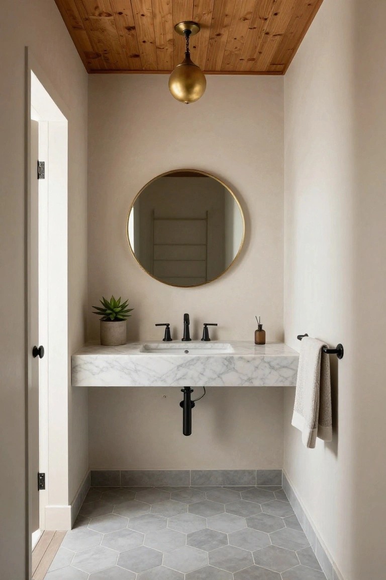 Small powder room with light wood-paneled ceiling, gold orb pendant light, round gold-framed mirror, floating white marble vanity with black faucet, potted succulent, gray hexagonal floor tile, and open white door.