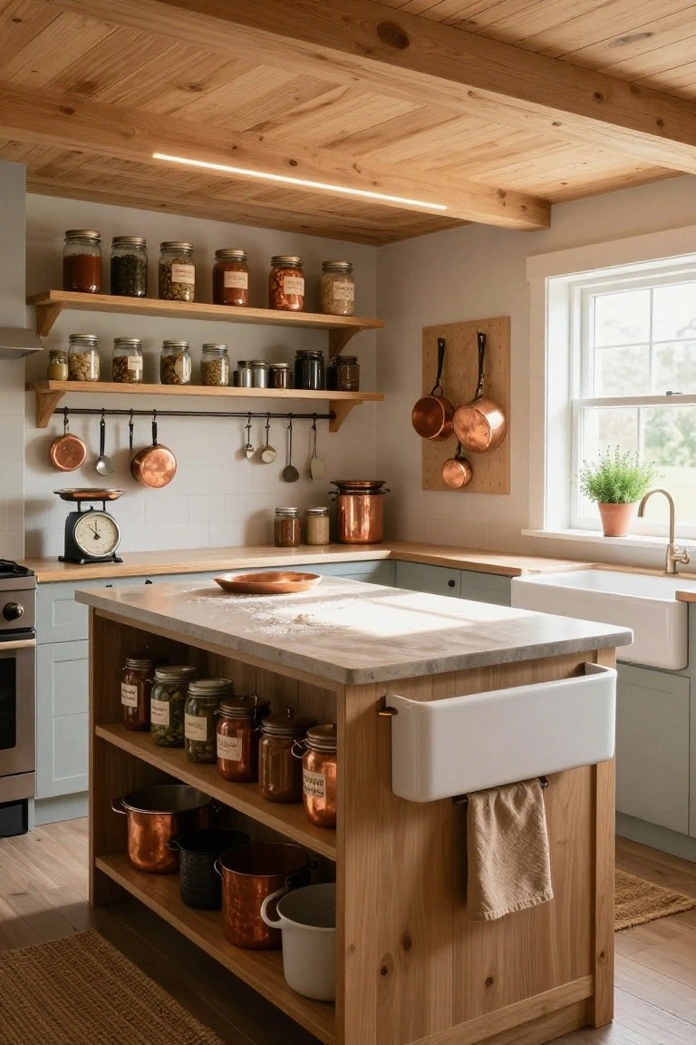 Kitchen interior with vaulted wooden ceiling lit by a slim horizontal LED strip light, wooden island with jars and copper pots, green cabinets, white farmhouse sink, and window with plants.
