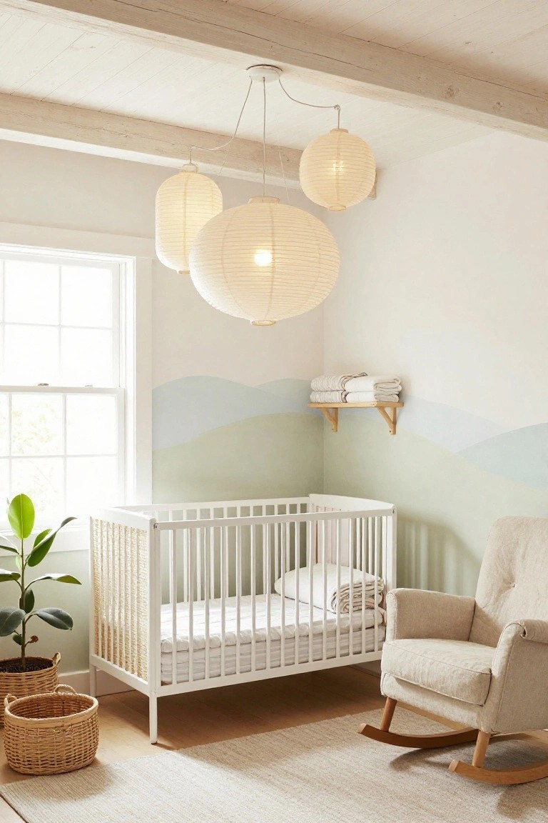 A nursery with white crib, beige rocking chair, woven baskets, potted plants, stacked towels on a wall shelf, and multiple white paper lantern pendants suspended from a vaulted whitewashed wood beam ceiling against a wall painted with green and blue mountain shapes.