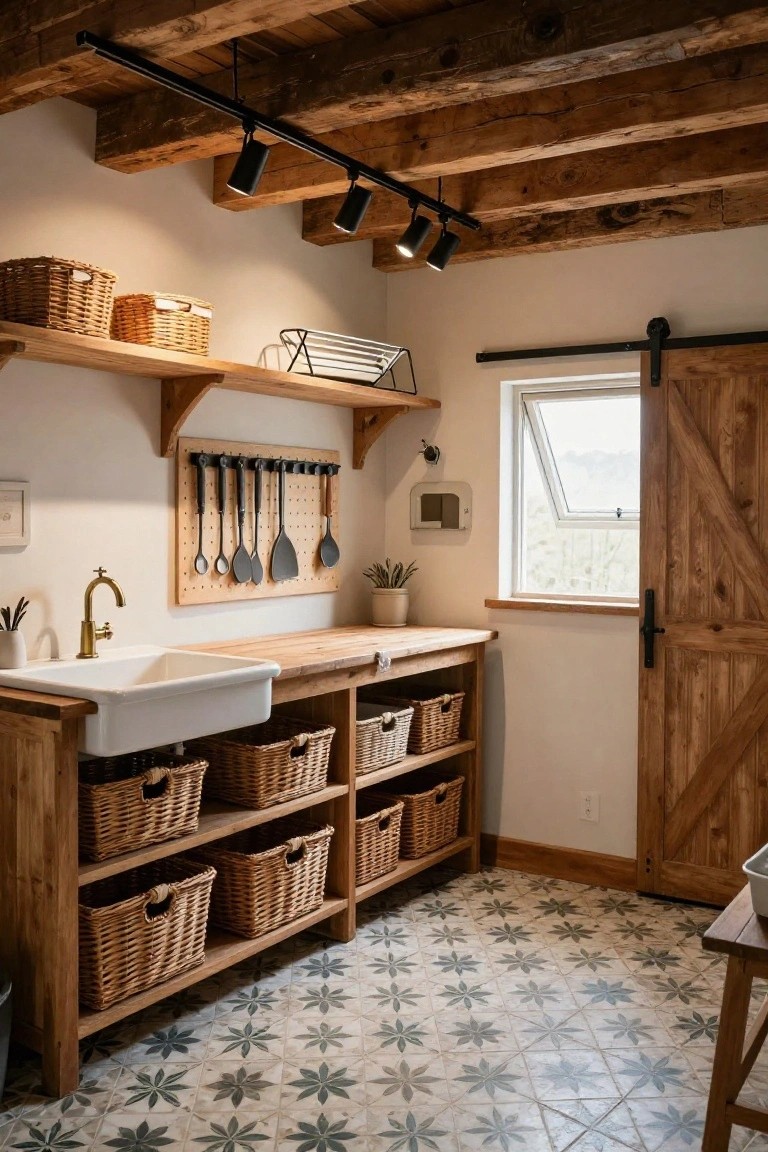 Cozy interior of a kitchen sink area under a vaulted ceiling with exposed wooden beams and black track spotlights, wooden cabinets filled with wicker baskets, white farmhouse sink, brass faucet, pegboard utensil rack, and blue star tile floor.
