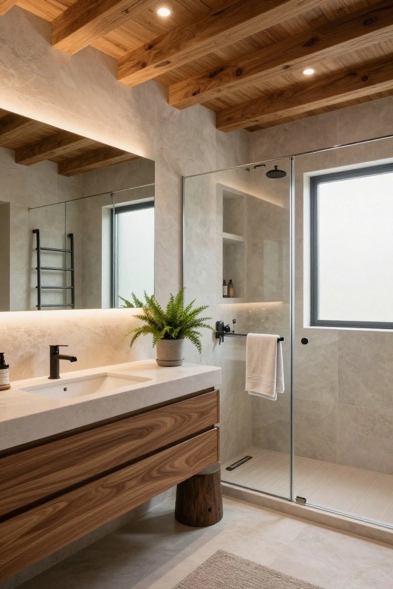 Bathroom interior with vaulted wooden beam ceiling and recessed spotlights, wooden vanity on a stone countertop, glass shower enclosure, towel rail, and potted plant.