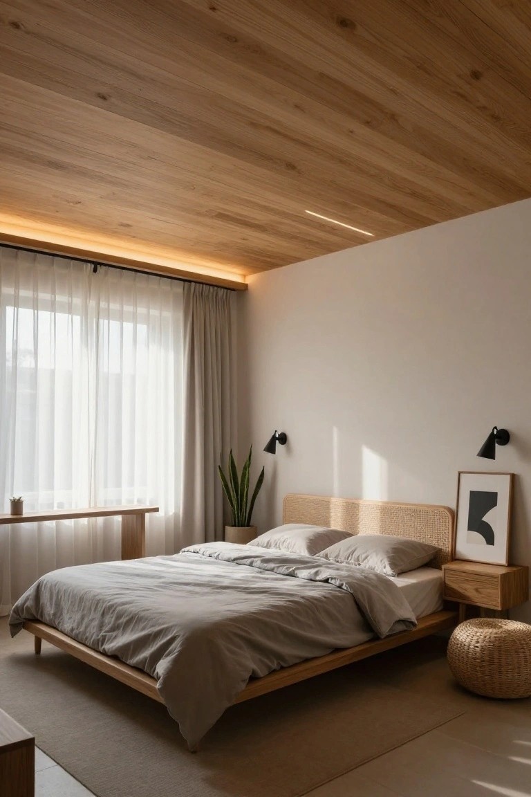 Bedroom with vaulted wooden plank ceiling featuring thin recessed LED strip lighting along one edge, low wooden platform bed with gray linens and rattan headboard, sheer curtains on two windows, black wall sconces, potted snake plant, and rattan stool on light wood floor.