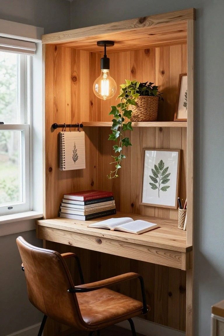 Wooden built-in desk nook with paneling around a window, featuring shelves with books and plants, a hanging exposed bulb light, a leather chair, and notebooks nearby.