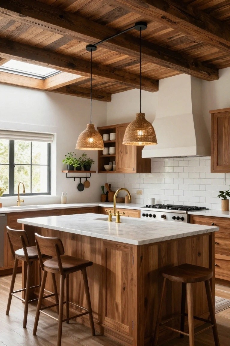 Kitchen with vaulted wooden ceiling beams, two lit woven rattan pendant lights suspended over a wooden island with white marble countertop, brass faucet, white subway tile backsplash, wooden cabinets, and gas range.