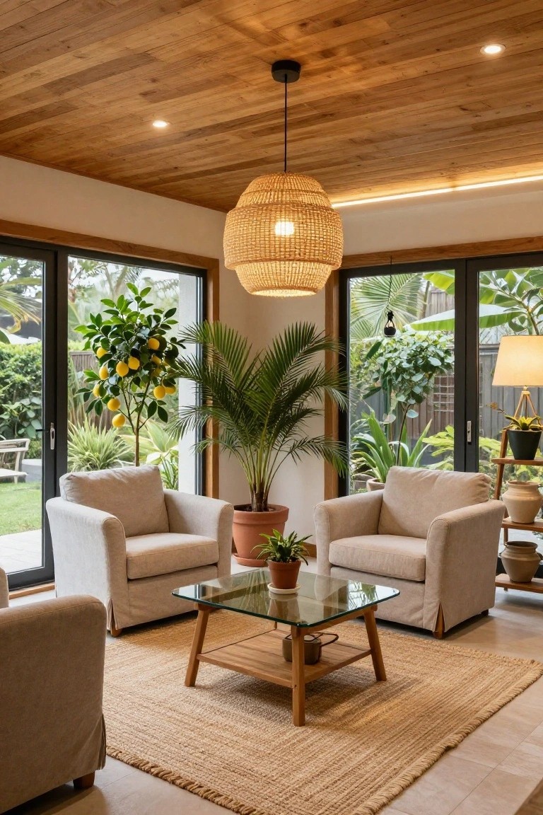 Corner indoor seating area with two beige armchairs around a glass-topped wooden coffee table on a seagrass rug, potted plants including a lemon tree and palm, sliding glass doors to backyard garden, under a sloped wooden plank ceiling with a hanging woven pendant light and recessed spots.