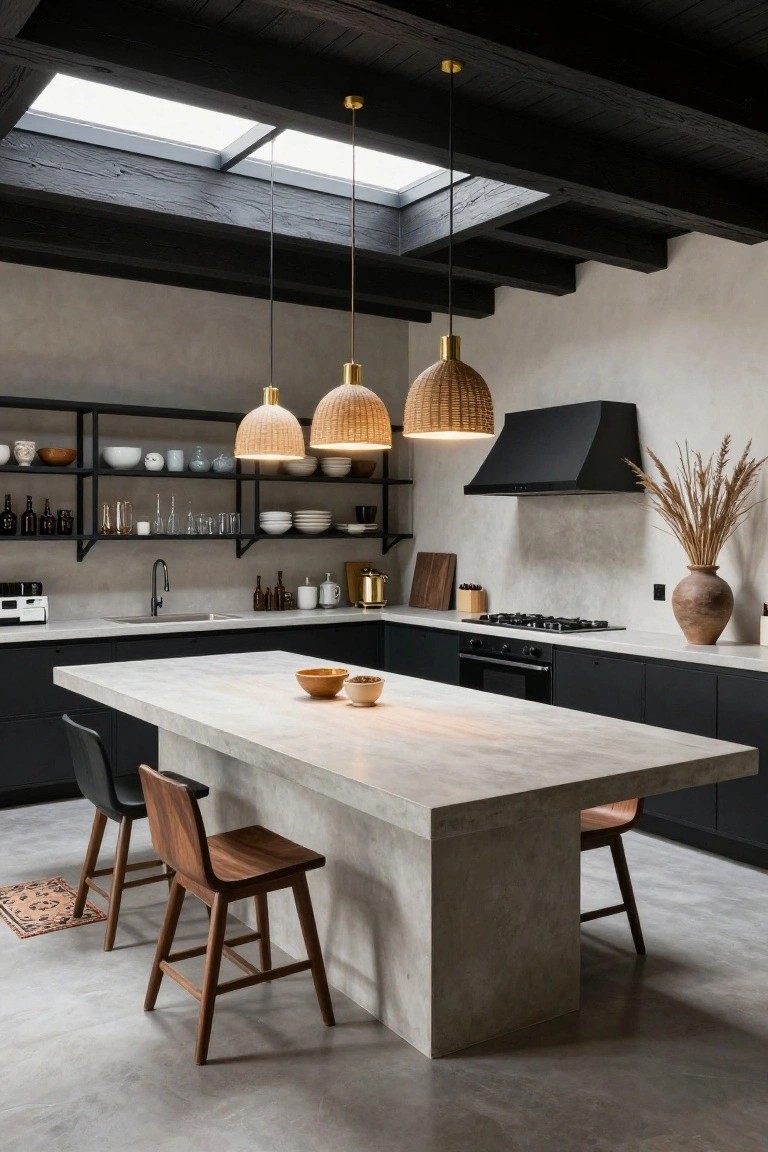 Kitchen interior with vaulted black wood beam ceiling, three woven rattan pendant lights with gold fittings hanging above a white concrete island, black cabinets, open black metal shelving stocked with dishes and jars, black range hood, and polished concrete floor.