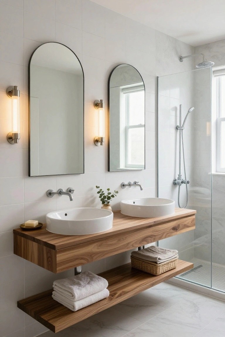 Modern bathroom featuring a floating wooden vanity with two round white sinks, flanked by two tall arched black-framed mirrors each lit by tubular wall sconces, a glass shower enclosure, white subway tile walls, and light gray marble-look floor.