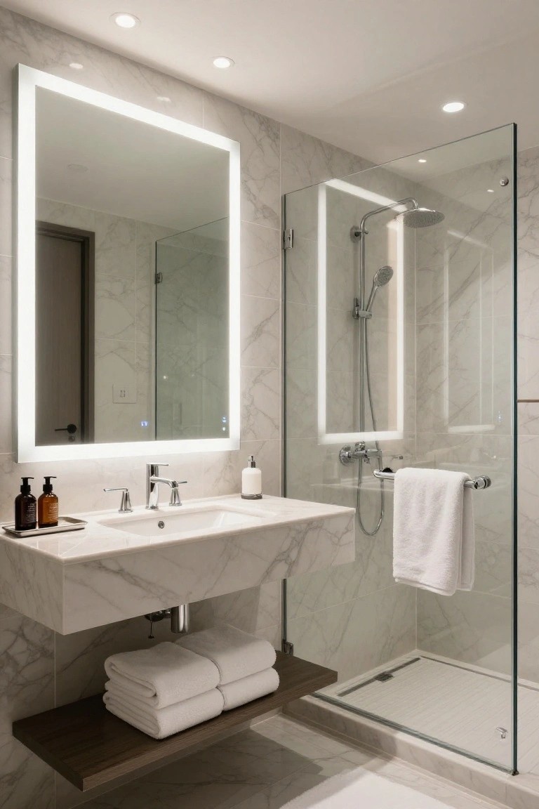 Modern bathroom with large rectangular mirror featuring LED edge lighting above a white marble floating sink, glass shower enclosure, folded white towels on wooden shelf, and marble tiled walls under recessed ceiling lights.