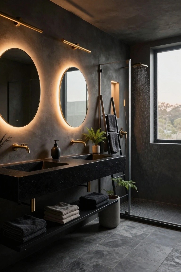 Modern bathroom with two large oval mirrors featuring warm backlit edges above a long black stone vanity, brass wall sconces and faucets, a walk-in shower with ladder towel rack, plants, and a window view.