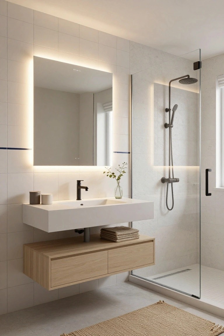 Modern bathroom with large rectangular mirror featuring LED edge lighting, wall-mounted white sink with black faucet and wooden cabinet below, glass shower enclosure, light beige tiles, and beige bath mat on floor.