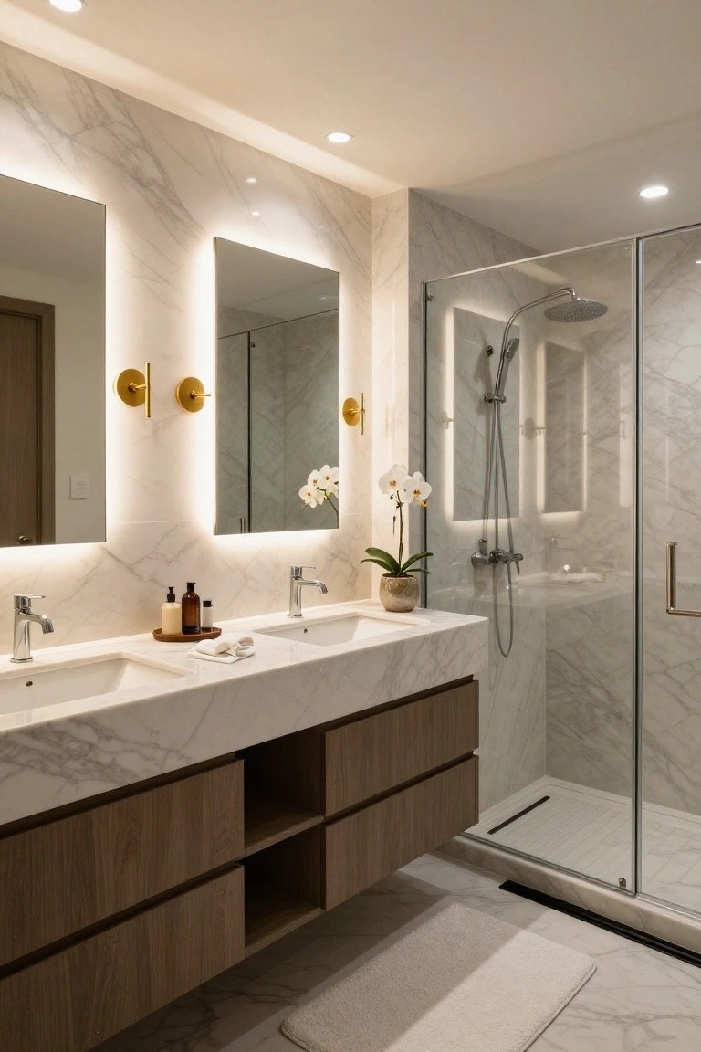 Modern bathroom with two large backlit mirrors above a white marble double vanity, brown wooden cabinets, glass shower enclosure, marble walls and floor, orchids, and recessed ceiling lights.