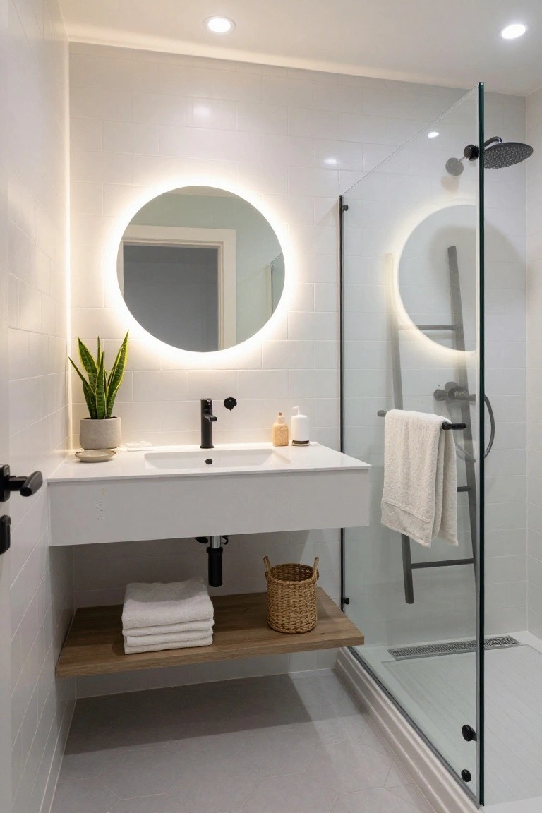 Modern bathroom with white subway tile walls, floating white sink and black faucet, round backlit mirror, potted snake plant, glass shower enclosure with black showerhead and towel ladder, wood shelf holding towels and basket, and gray hexagonal floor tiles.
