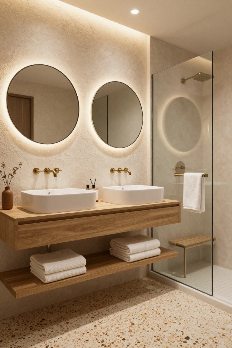Modern bathroom with two large round backlit mirrors above dual white vessel sinks on a floating oak vanity, glass shower enclosure with bench, and speckled beige terrazzo floor.