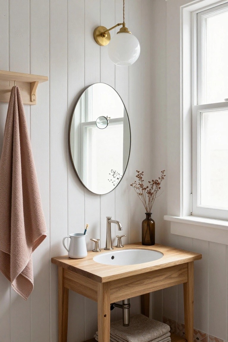 Wooden vanity sink with round mirror, brass sconce, and pink towel.