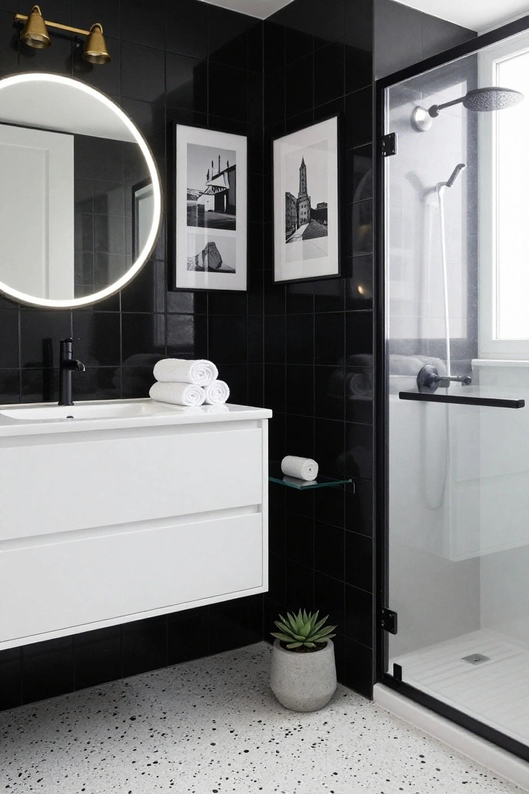 Modern bathroom with black subway tiles on walls, white floating vanity and towels, round backlit mirror, brass bell sconces, glass shower enclosure with black showerhead, potted succulent, and white terrazzo floor with black flecks.