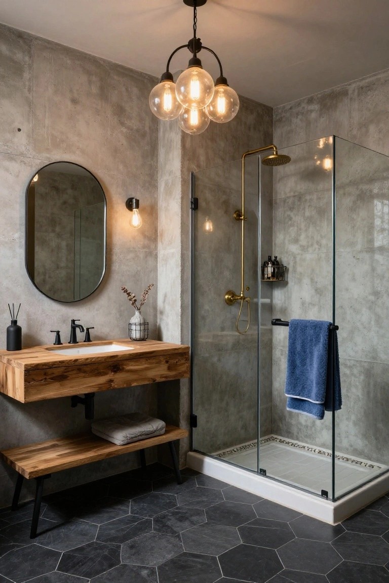 Bathroom with gray concrete walls, wooden vanity and bench, oval black-framed mirror, glass shower enclosure with gold fixtures, black hexagonal floor tiles, and multi-globe pendant light with exposed bulbs overhead.