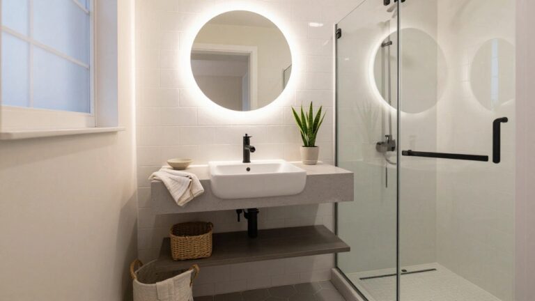 Modern bathroom with white subway tile walls, floating white sink and black faucet, round backlit mirror, potted snake plant, glass shower enclosure with black showerhead and towel ladder, wood shelf holding towels and basket, and gray hexagonal floor tiles.