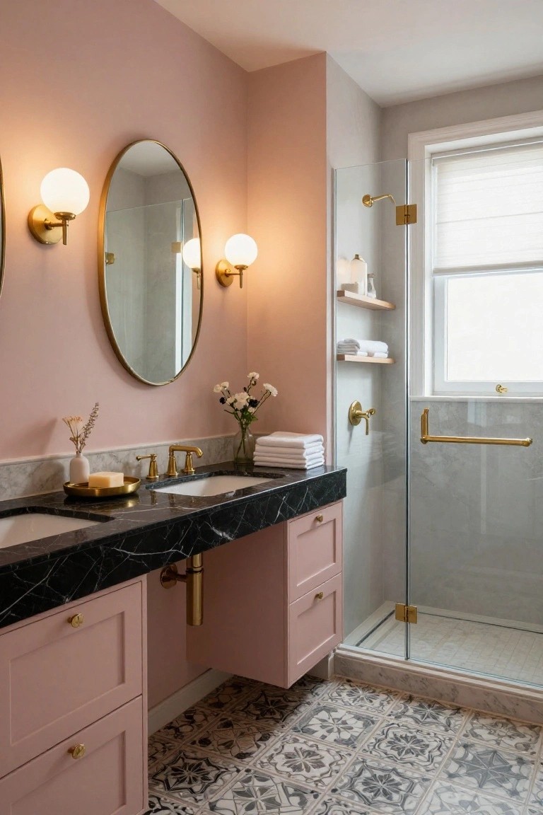 Modern bathroom interior with blush pink walls, black marble double vanity topped with pink cabinets, large round gold mirror flanked by two gold sconces with white globe shades, glass shower enclosure, and patterned tile floor.
