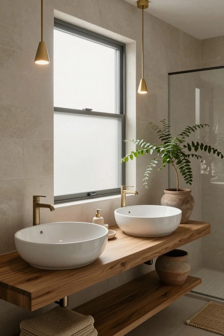 Modern bathroom with wooden double vanity holding two white vessel sinks, lit by two hanging gold conical pendant lights, a potted plant nearby, and a glass shower enclosure.