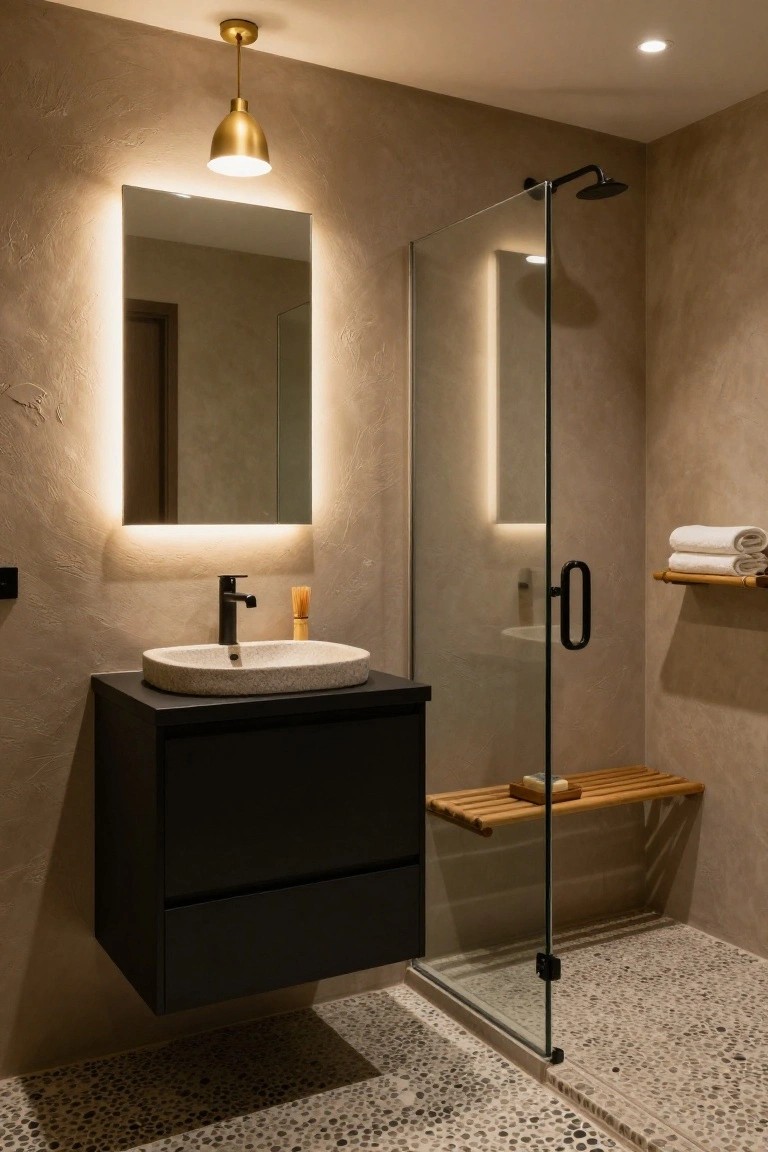 Modern bathroom with beige textured walls, black floating vanity and stone sink, backlit mirror, gold pendant light, glass shower with black showerhead and handle, wooden shelf with towels and soap, and pebble tile floor.