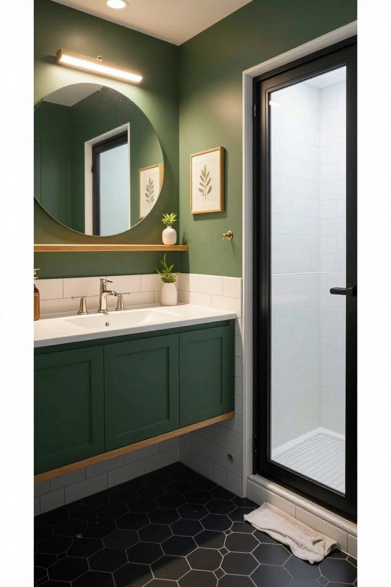 Modern bathroom featuring green walls and cabinets, white subway tile backsplash, black hexagonal floor tiles, glass shower enclosure, round mirror with wood shelf, and slim linear LED light bar mounted above the mirror.