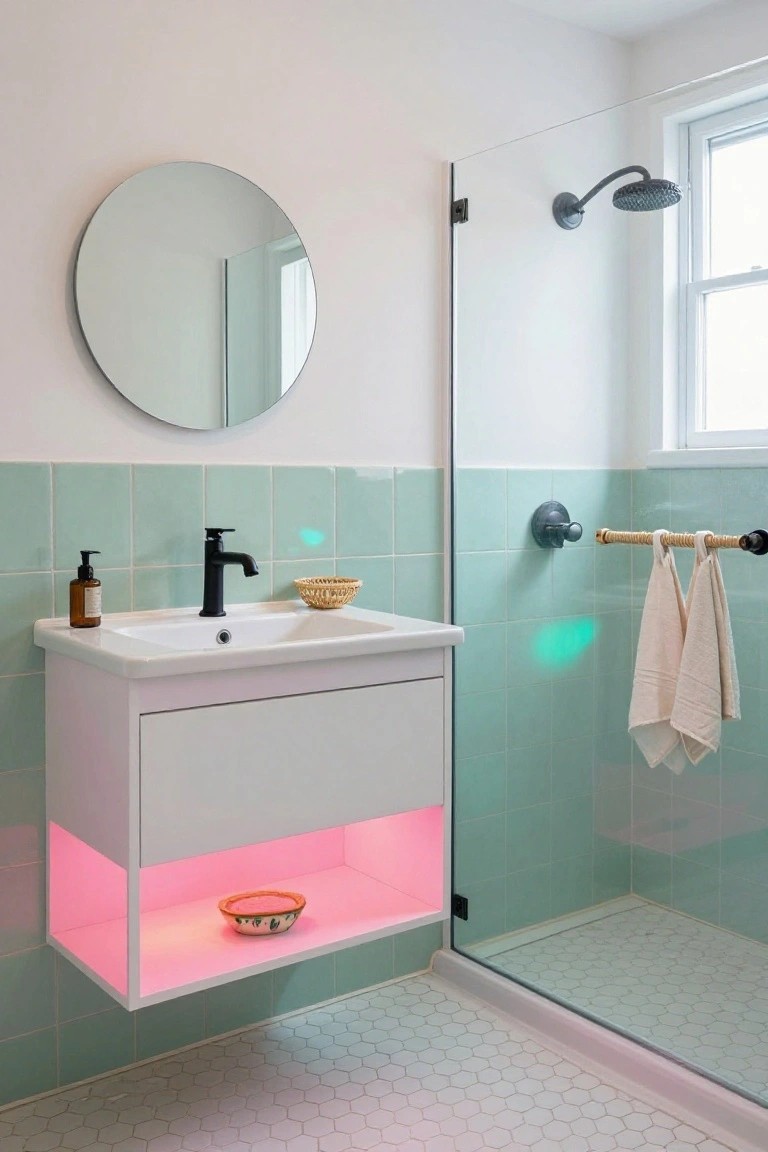 A bathroom with a white floating vanity featuring pink LED underlighting on the shelf below, teal subway tile wall, black faucet and soap dispenser, round mirror, glass shower enclosure, and white hex tile floor.