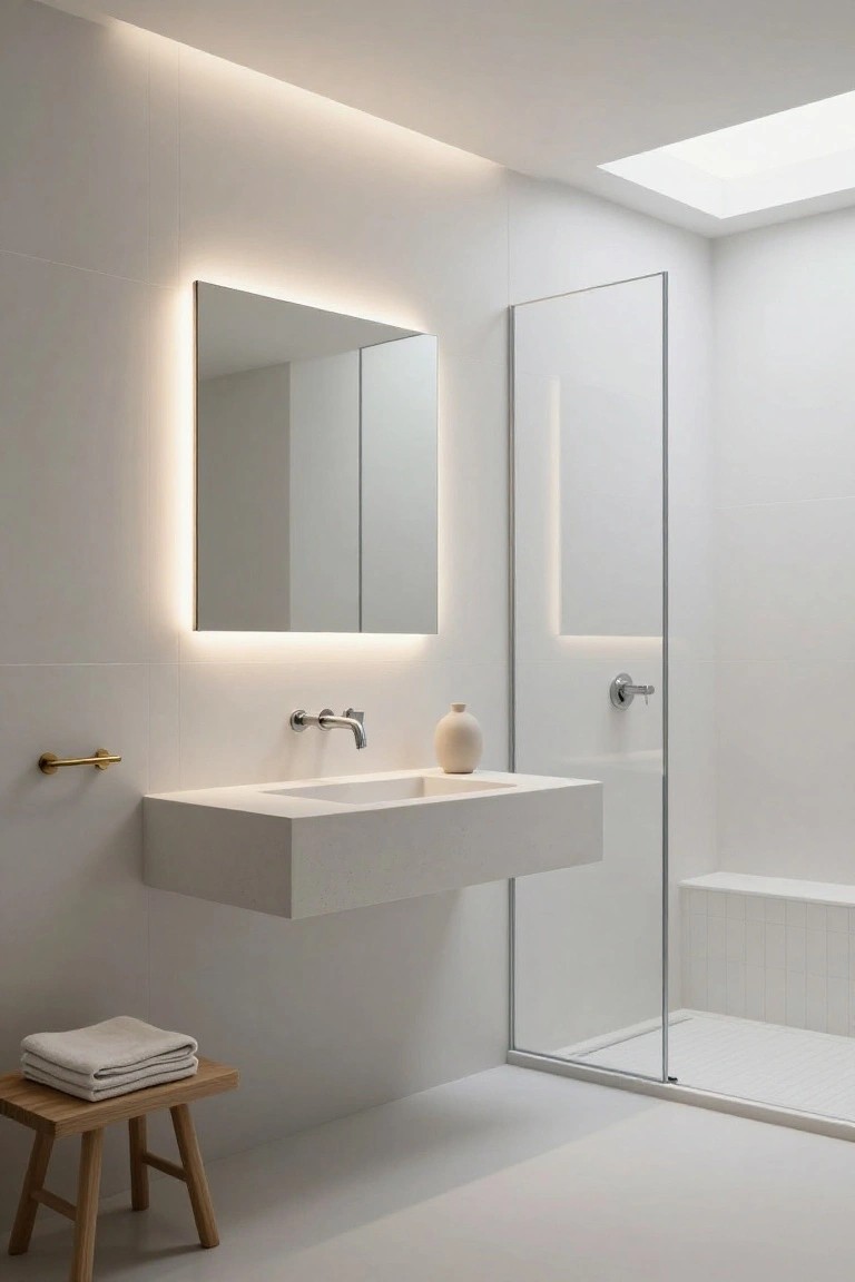 Modern white bathroom with backlit rectangular mirror above floating sink, glass shower enclosure, wooden stool holding folded towels, beige vase on sink, and linear LED lighting along ceiling edges and mirror perimeter.
