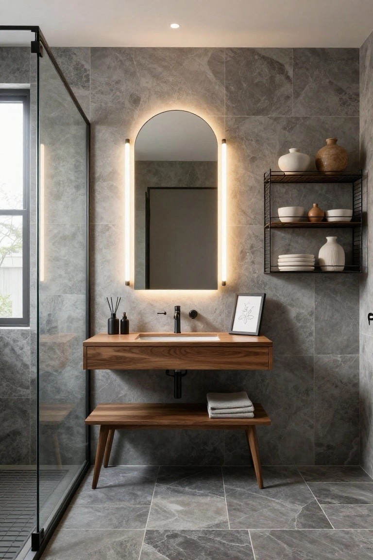 Modern bathroom with gray marble tiles, floating wood vanity and bench, glass shower enclosure, arched black-framed mirror next to slim vertical LED light tube, metal shelves with ceramics, and reed diffuser on counter.