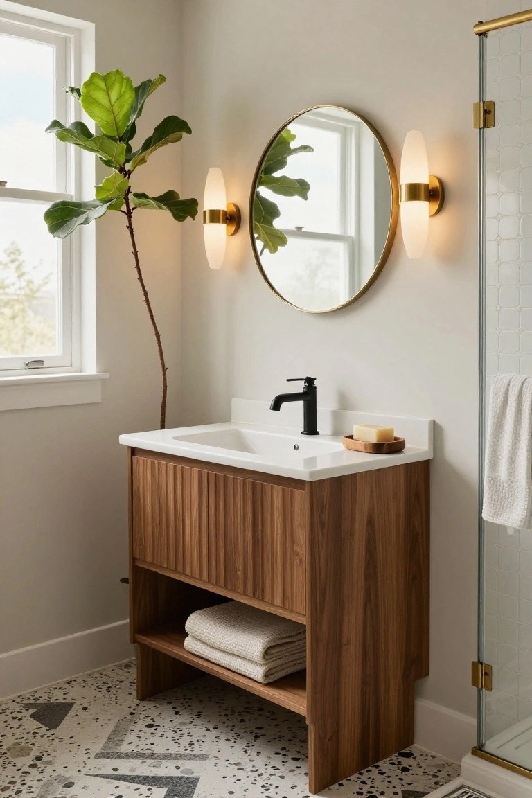 A bathroom interior with a white sink on a slatted walnut wood vanity, a round gold-framed mirror flanked by two oval wall sconces, a fiddle leaf fig plant by the window, white towels on open shelves, and a glass shower enclosure on a terrazzo tile floor.