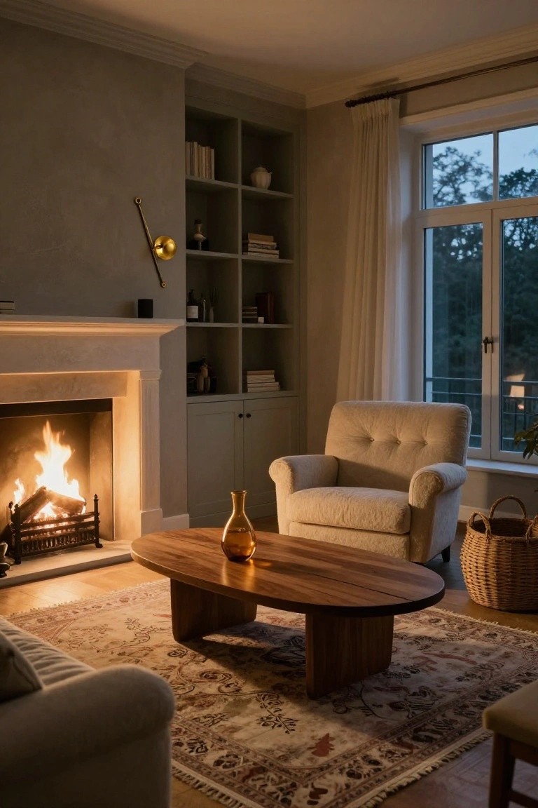 Living room featuring a lit fireplace as the main light source, with a beige tufted armchair, oval wooden coffee table, bookshelves, and large curtained windows showing evening trees outside.