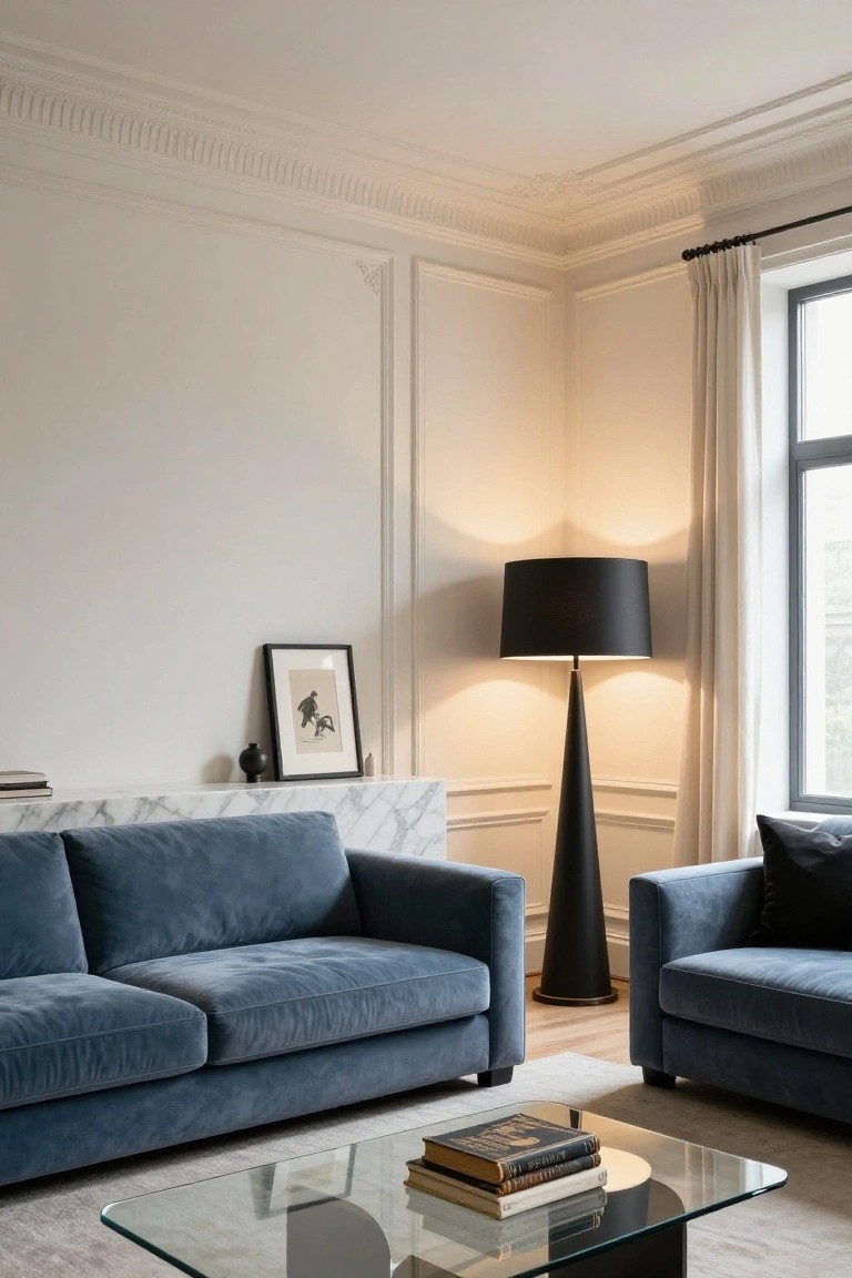 Modern living room with two navy blue velvet sofas around a glass coffee table, marble sideboard, black conical floor lamp in corner, and large window with white curtains.